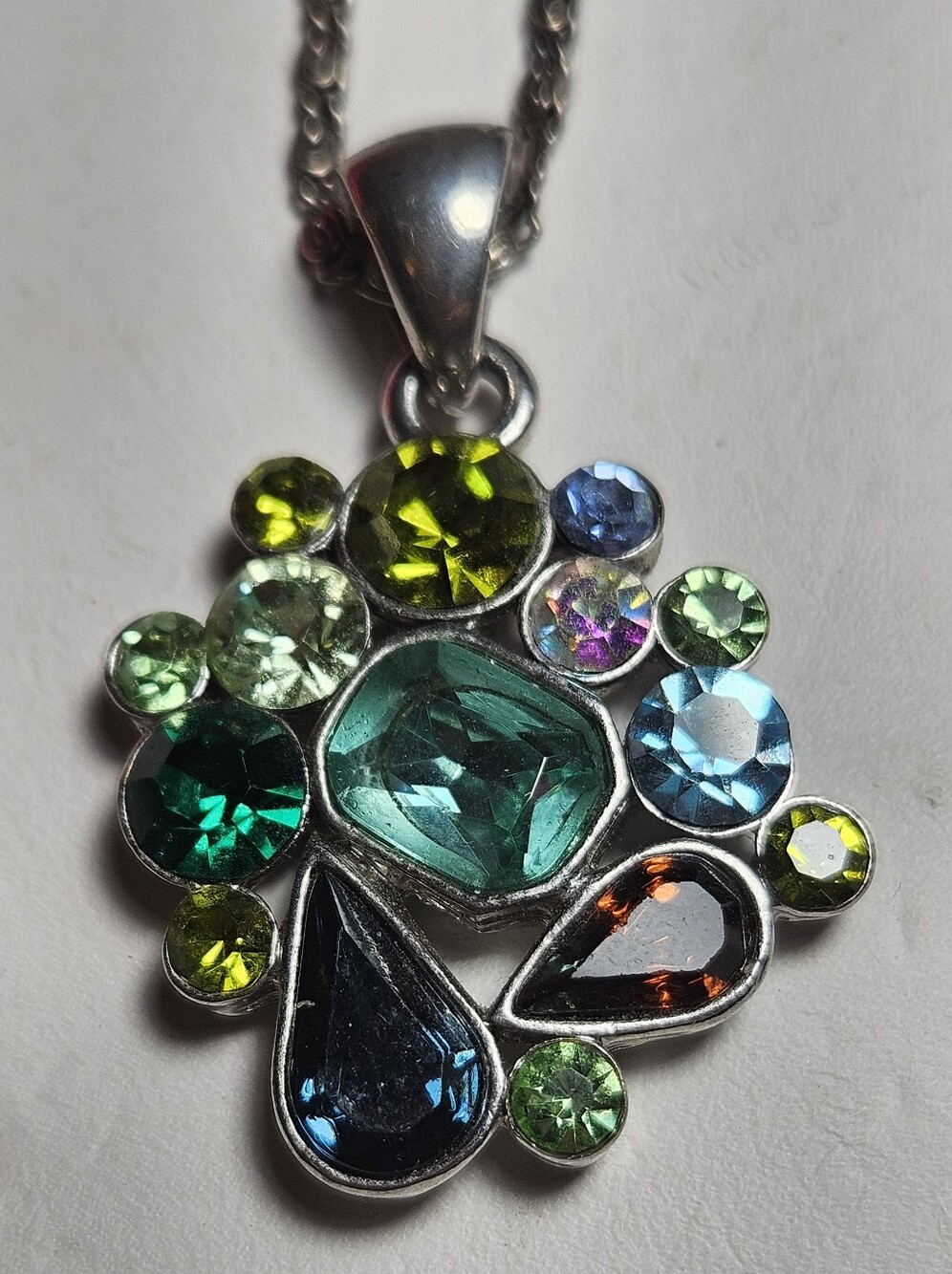 Multicolor Crystal Pendant Necklace - In Silver Tone